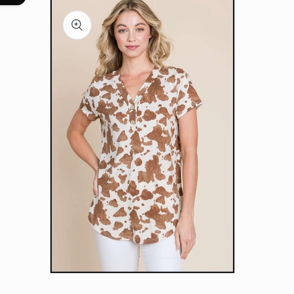 Bombom Brown and White Cow Print Women's Top - Picture 14 of 15